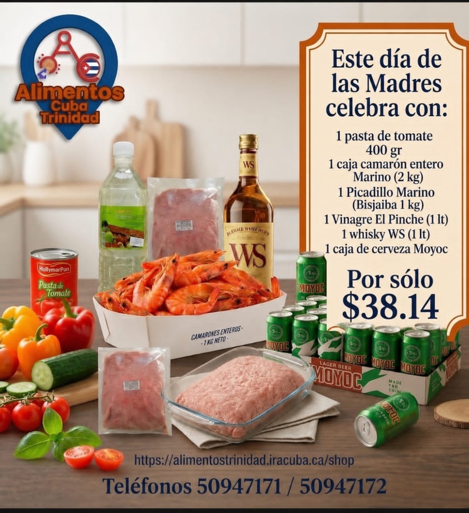 Combo #3.               1 caja camarón entero Marino (2kg), 1 picadillo Marino (Biajaiba 1kg), 1 pasta de tomate, 1 vinagre 1lt, 1 whisky WS 1lt, 1 caja cerveza Moyoc