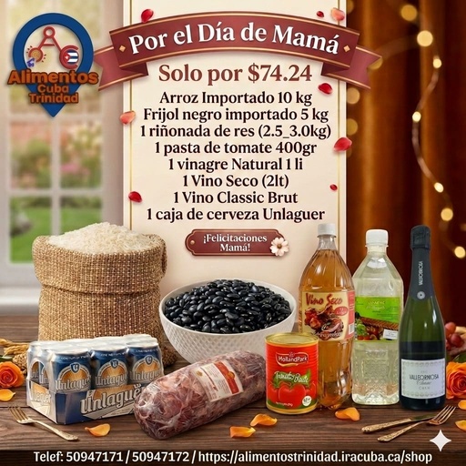 Combo #4.     Arroz 10 kg, frijol negro 5 kg, 1 pasta de Tomate, 1 vinagre 1lt, 1 vino seco 2lt, 1 caja cerveza Unlaguer, 1 vino Cava Clasicc Brut, 1 riñonada de res (2.5-3.0 kg)
